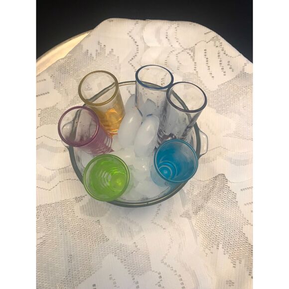 Crisa Kristalino Glass Ice Bucket and 6 Colored Shot Gasses - Picture 4 of 4